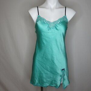 Victoria's Secret Green Satin Chemise Slip Lace Trim Women's S Small